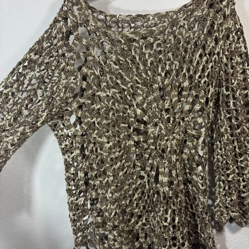 Unbranded Y2K Beige/Tan Crochet Top M/L Asymmetrical Hem Spiral Floral Fairy